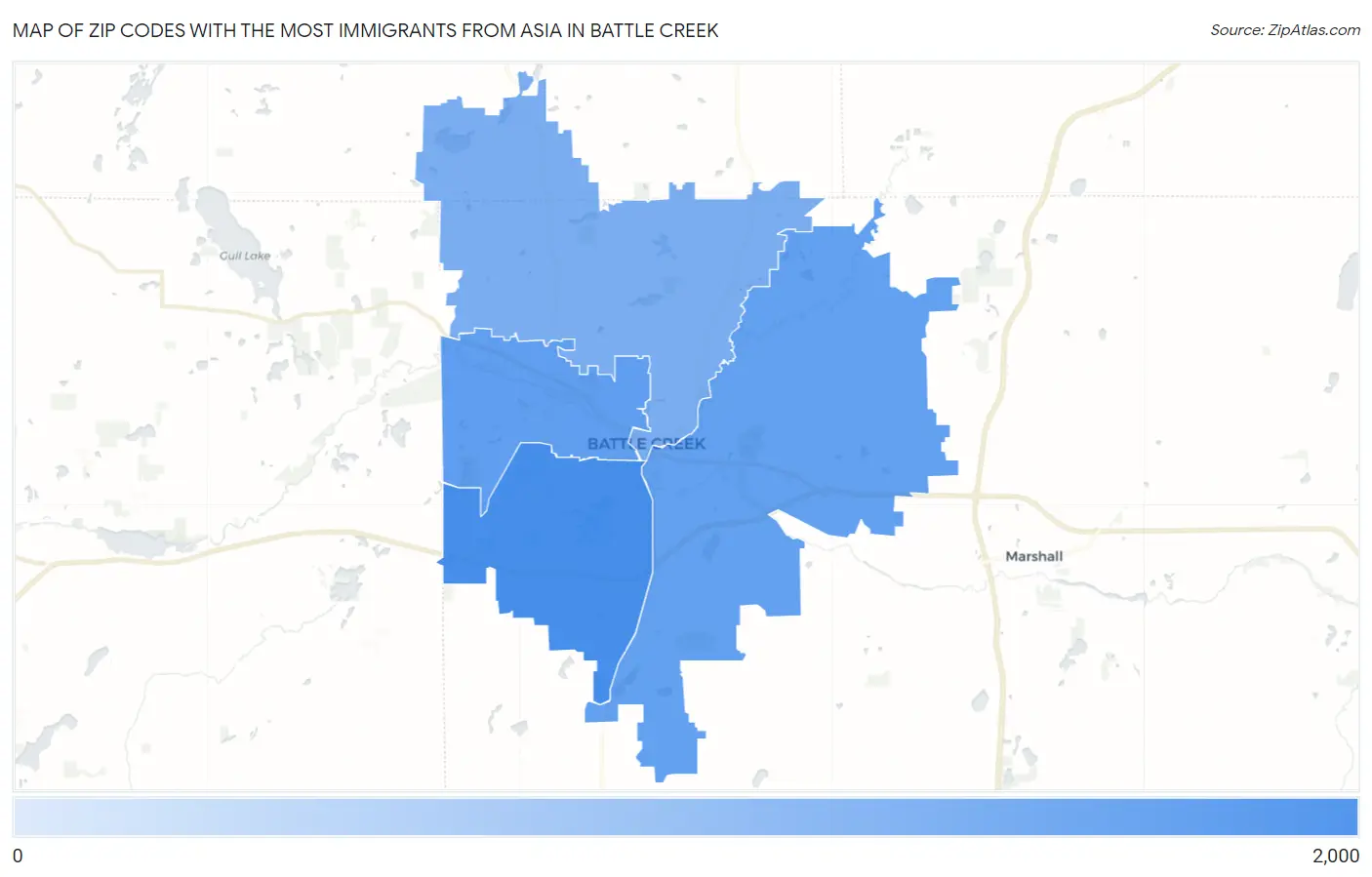 Zip Codes with the Most Immigrants from Asia in Battle Creek Map