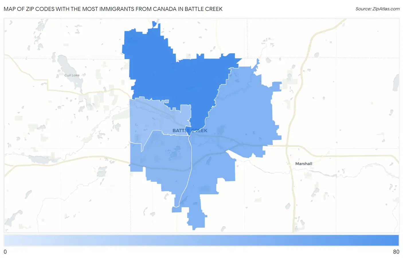 Zip Codes with the Most Immigrants from Canada in Battle Creek Map