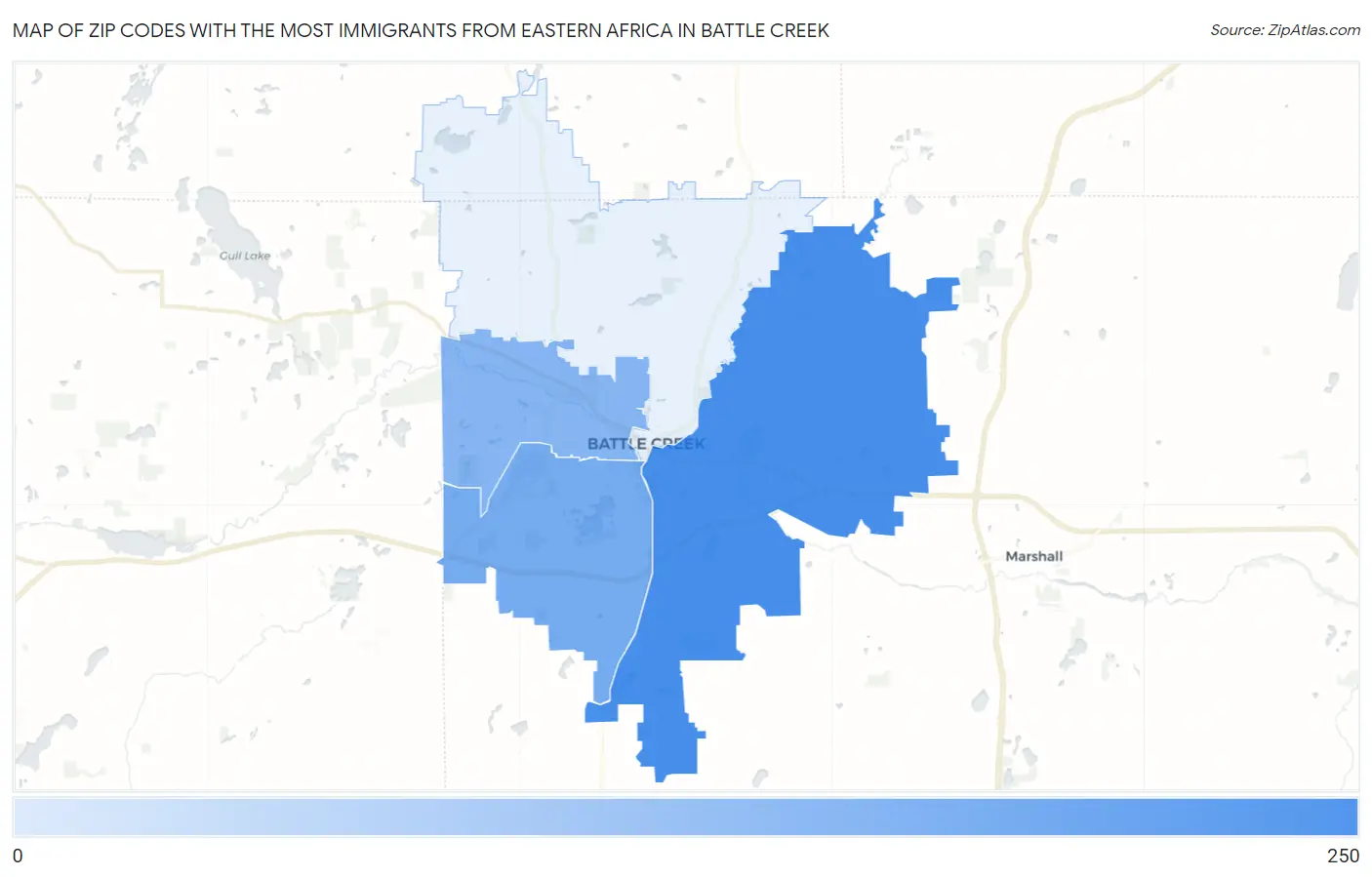 Zip Codes with the Most Immigrants from Eastern Africa in Battle Creek Map