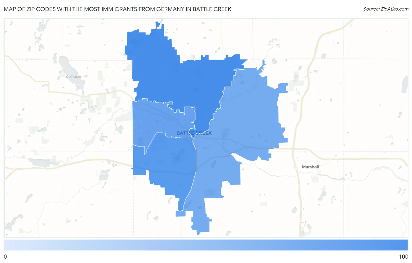 Zip Codes with the Most Immigrants from Germany in Battle Creek Map