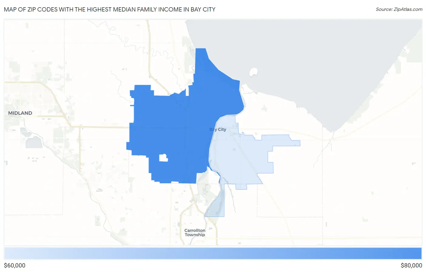 Zip Codes with the Highest Median Family Income in Bay City Map