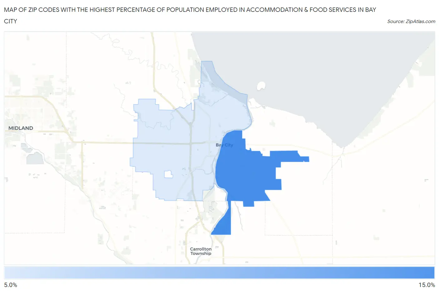 Zip Codes with the Highest Percentage of Population Employed in Accommodation & Food Services in Bay City Map