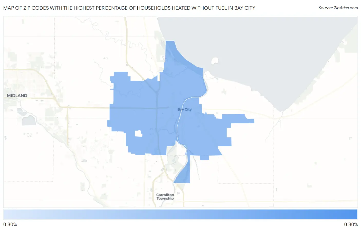 Zip Codes with the Highest Percentage of Households Heated without Fuel in Bay City Map