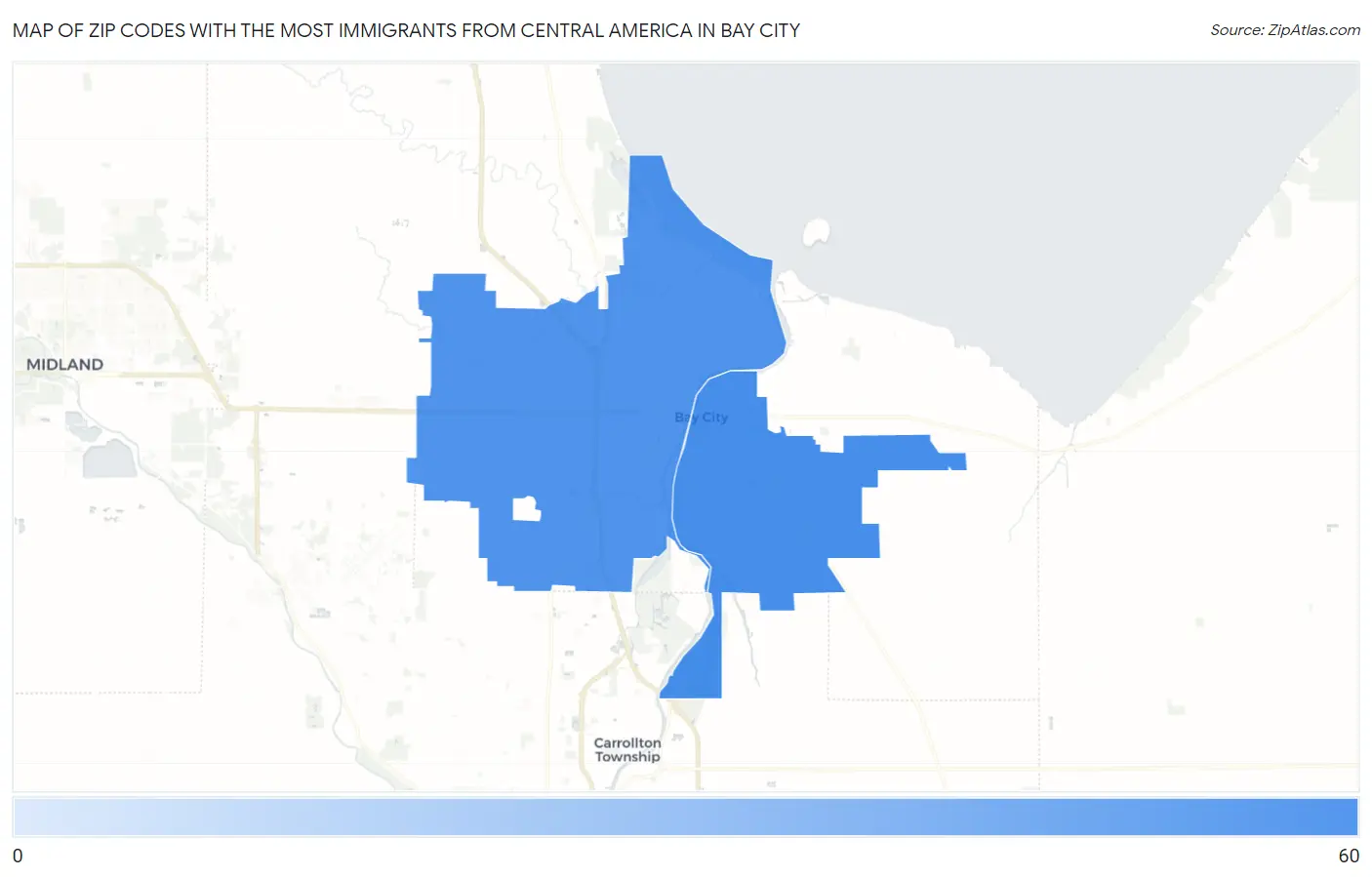 Zip Codes with the Most Immigrants from Central America in Bay City Map