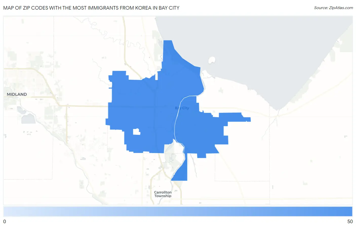 Zip Codes with the Most Immigrants from Korea in Bay City Map