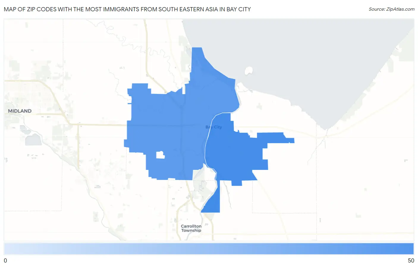Zip Codes with the Most Immigrants from South Eastern Asia in Bay City Map