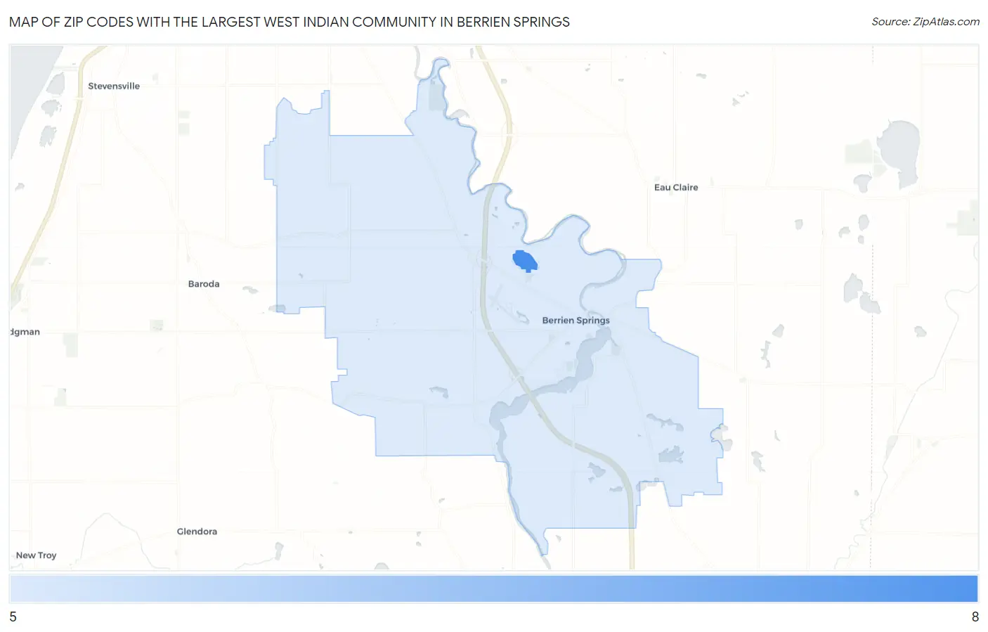 Zip Codes with the Largest West Indian Community in Berrien Springs Map