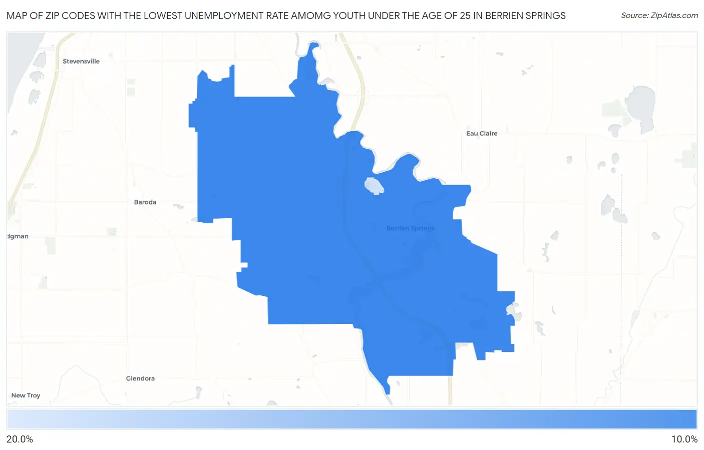 Zip Codes with the Lowest Unemployment Rate Amomg Youth Under the Age of 25 in Berrien Springs Map