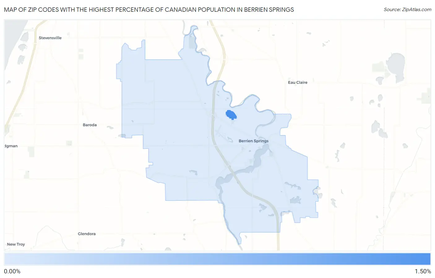 Zip Codes with the Highest Percentage of Canadian Population in Berrien Springs Map