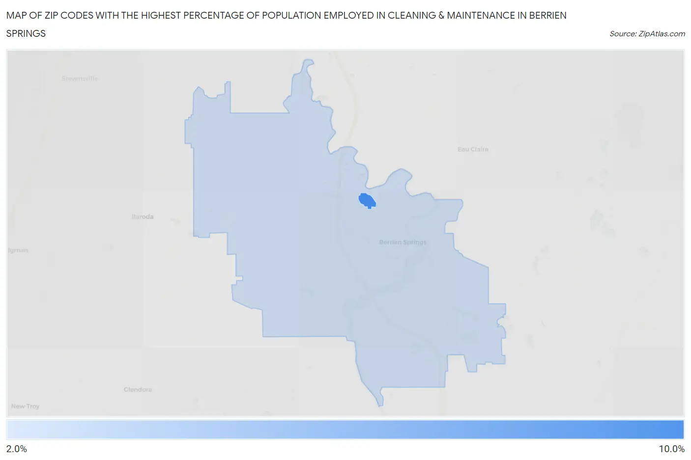 Zip Codes with the Highest Percentage of Population Employed in Cleaning & Maintenance in Berrien Springs Map