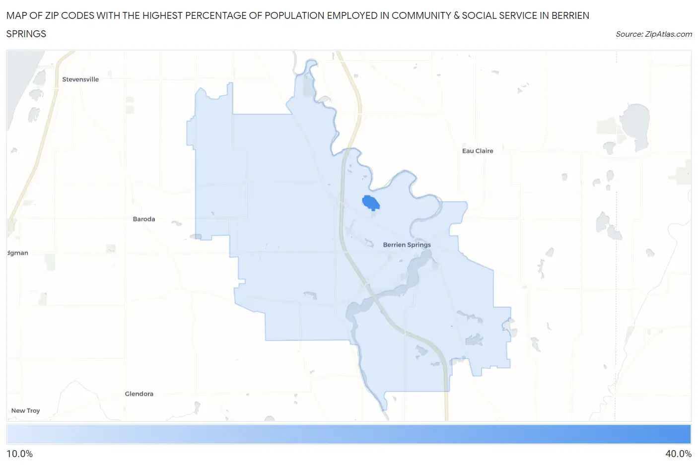 Zip Codes with the Highest Percentage of Population Employed in Community & Social Service  in Berrien Springs Map