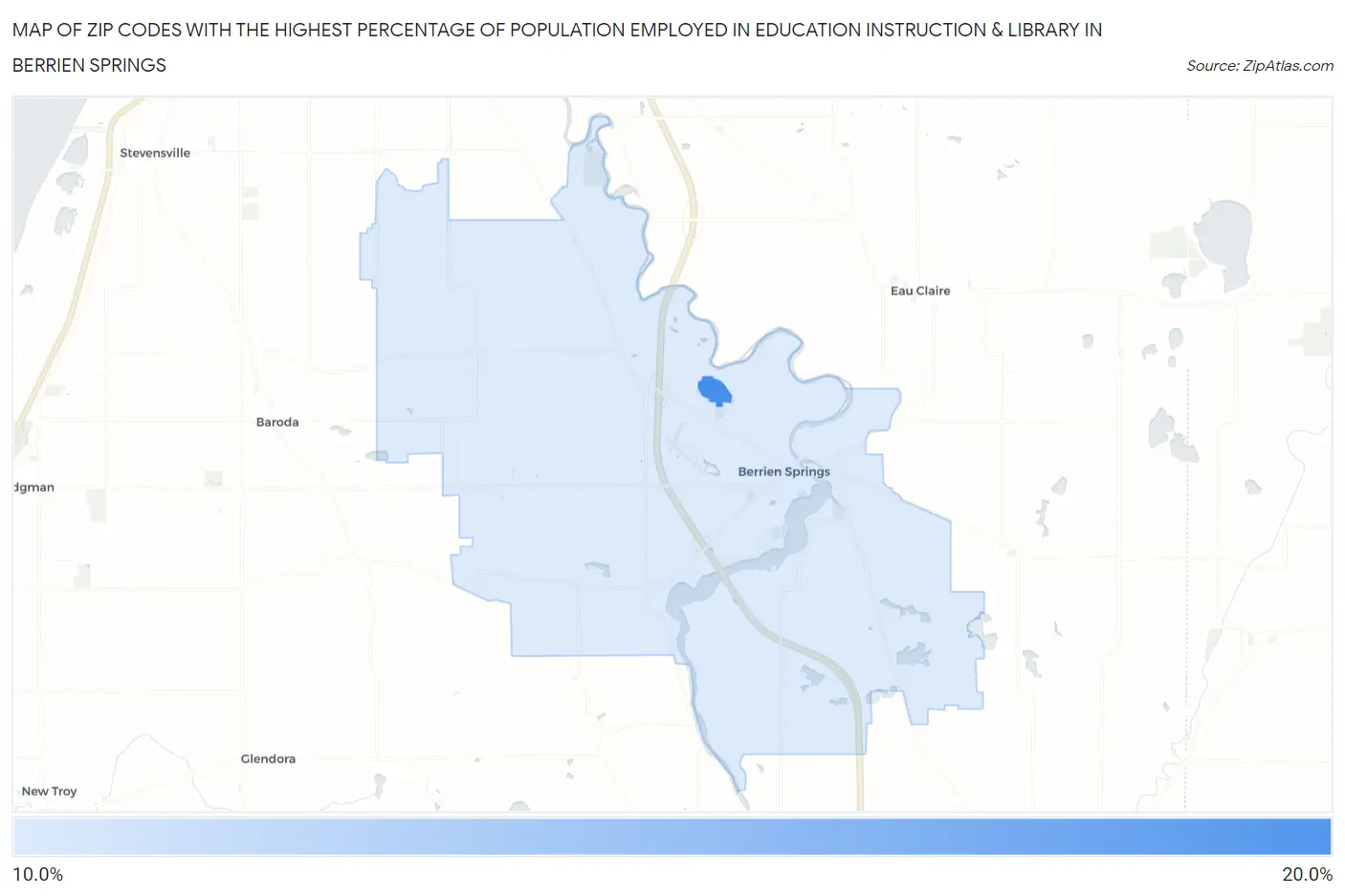 Zip Codes with the Highest Percentage of Population Employed in Education Instruction & Library in Berrien Springs Map