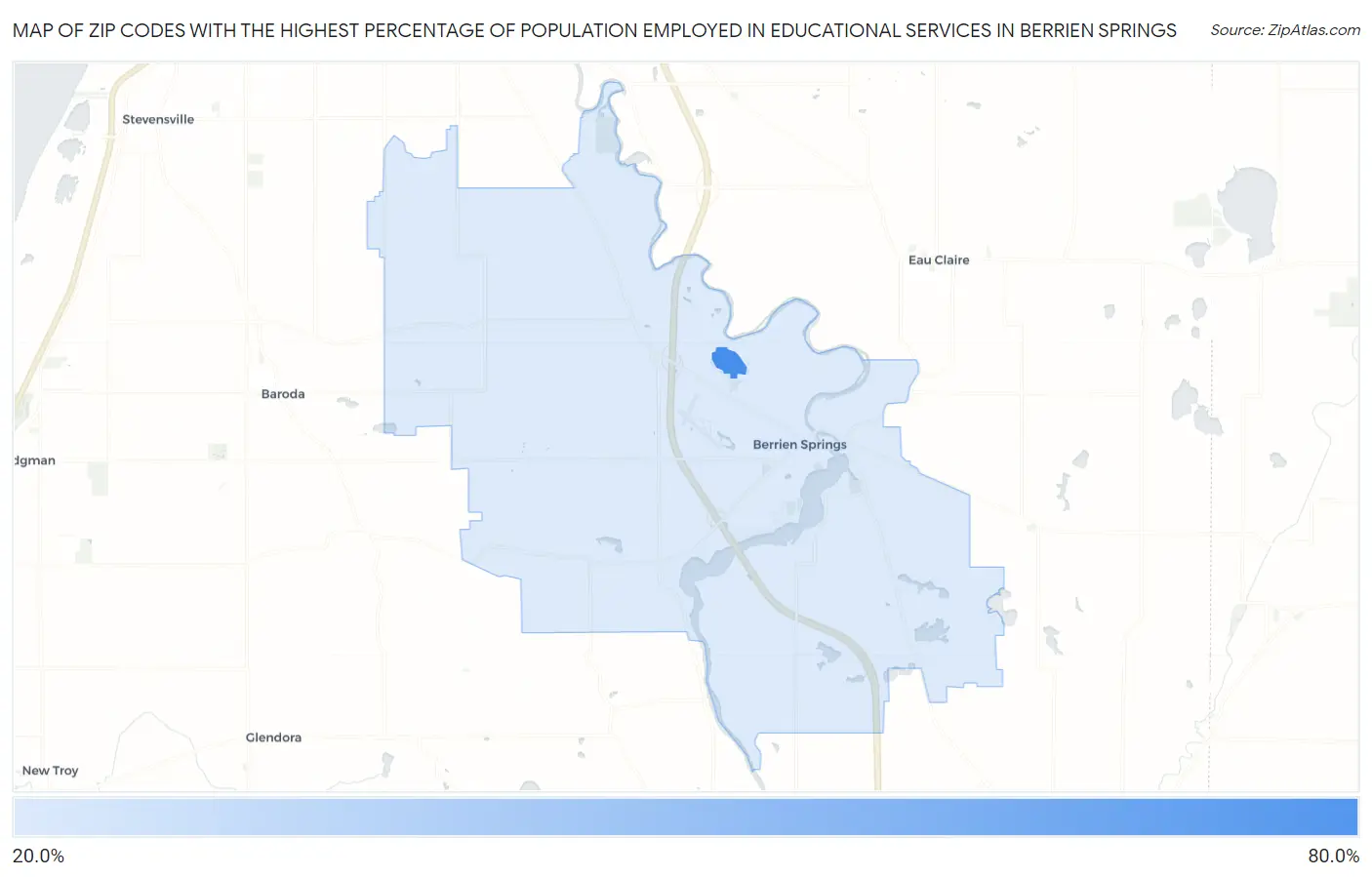 Zip Codes with the Highest Percentage of Population Employed in Educational Services in Berrien Springs Map