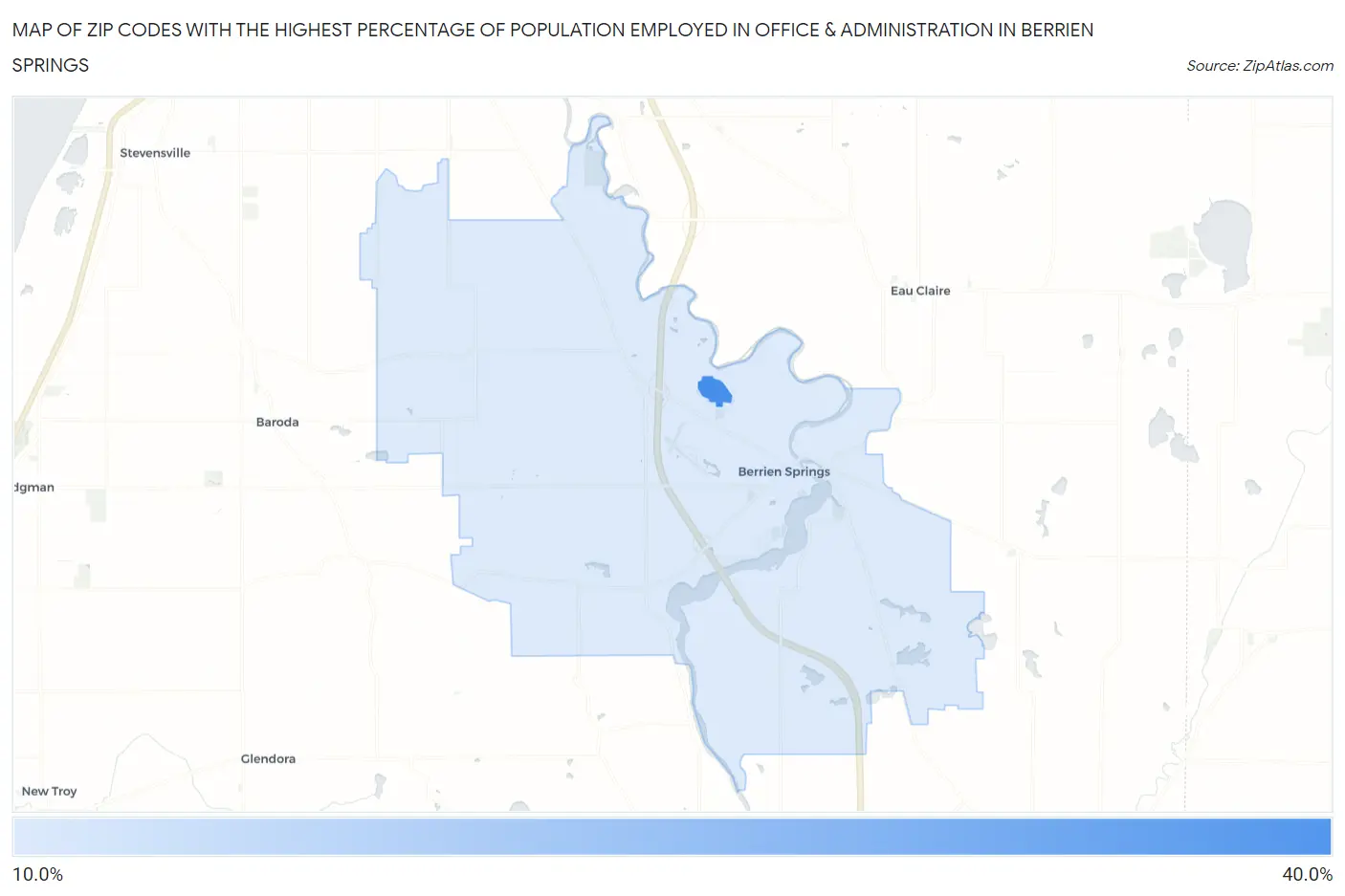 Zip Codes with the Highest Percentage of Population Employed in Office & Administration in Berrien Springs Map