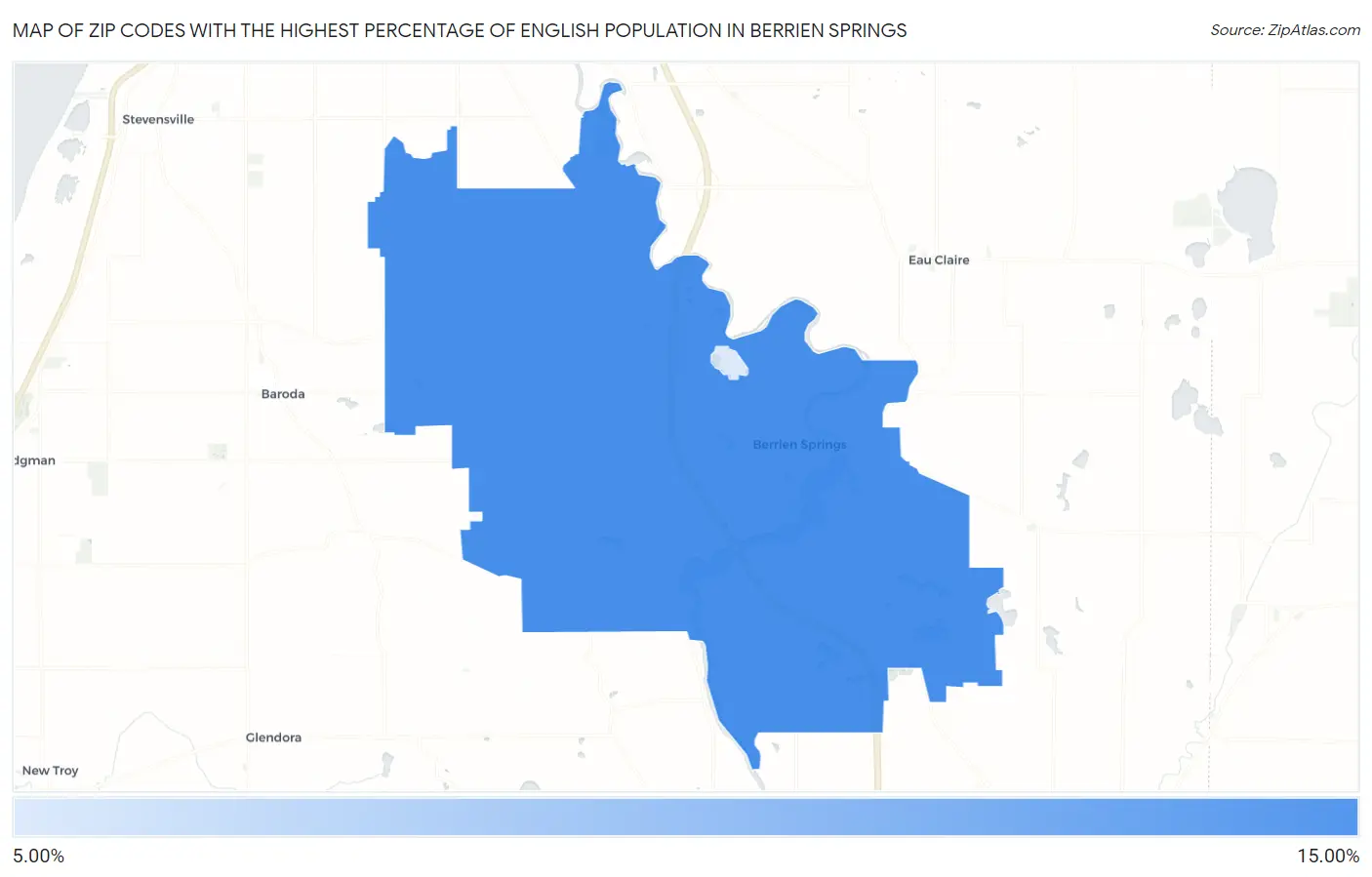 Zip Codes with the Highest Percentage of English Population in Berrien Springs Map