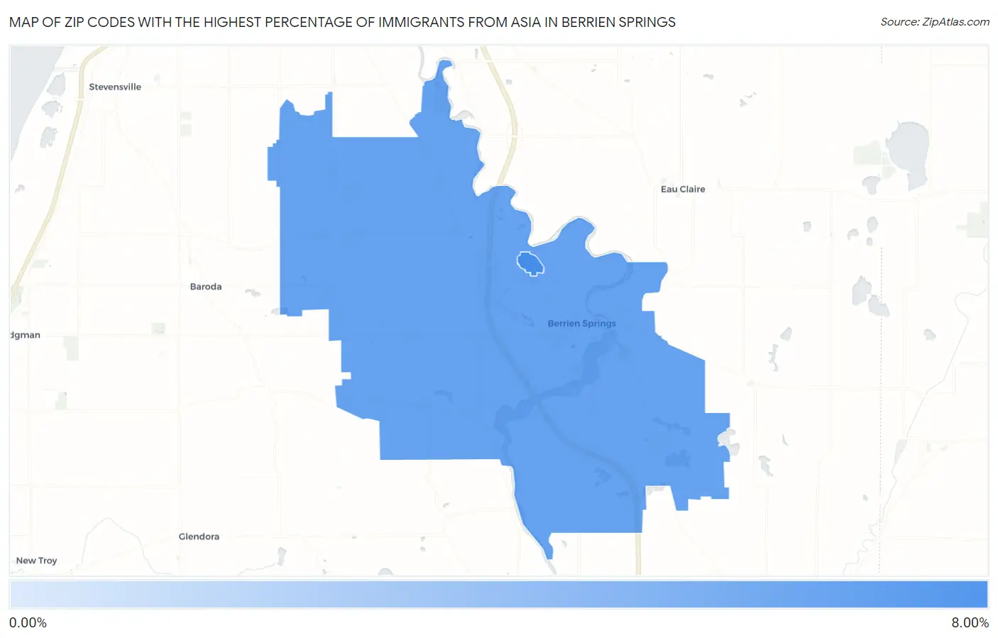 Zip Codes with the Highest Percentage of Immigrants from Asia in Berrien Springs Map