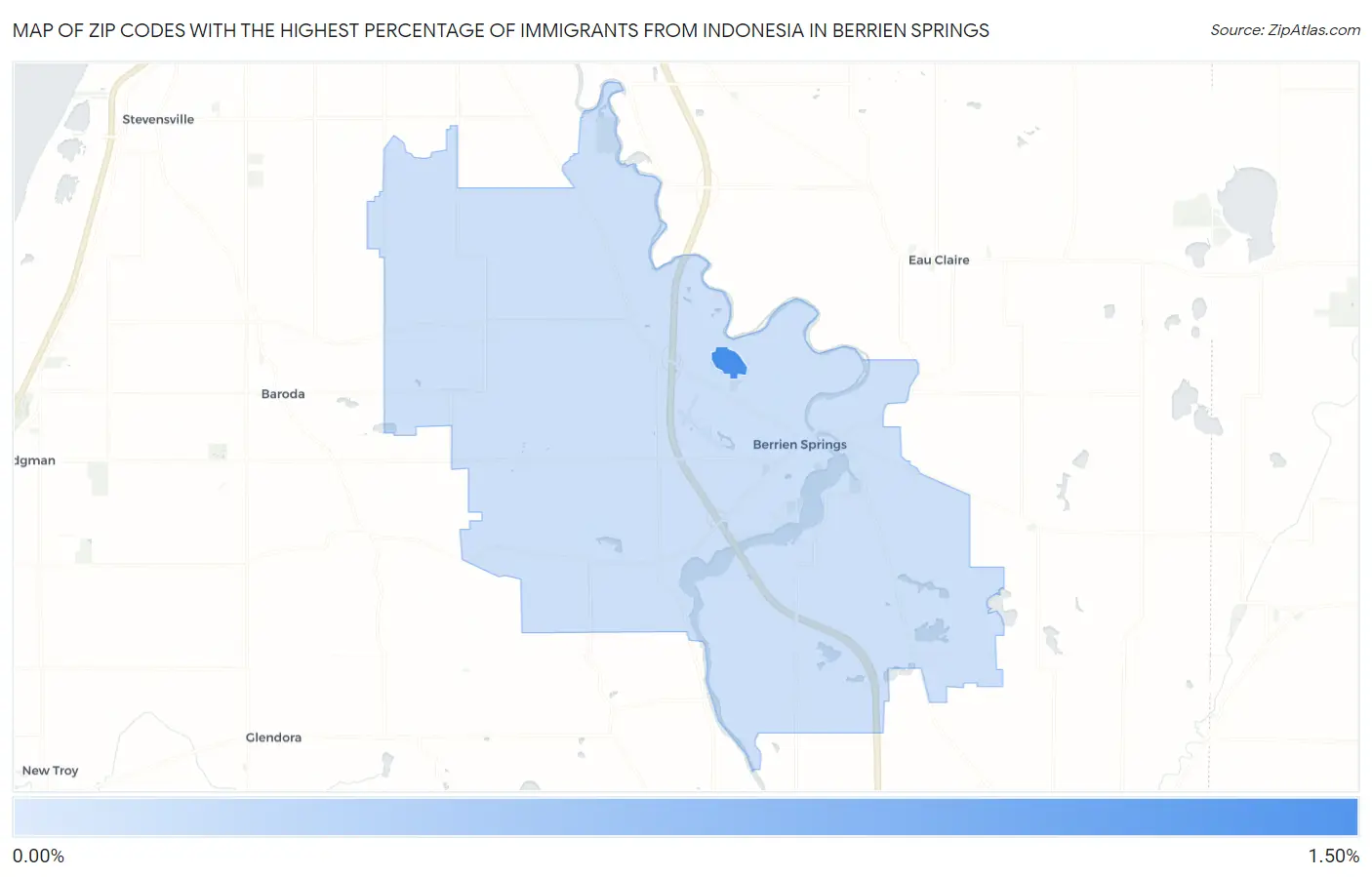 Zip Codes with the Highest Percentage of Immigrants from Indonesia in Berrien Springs Map
