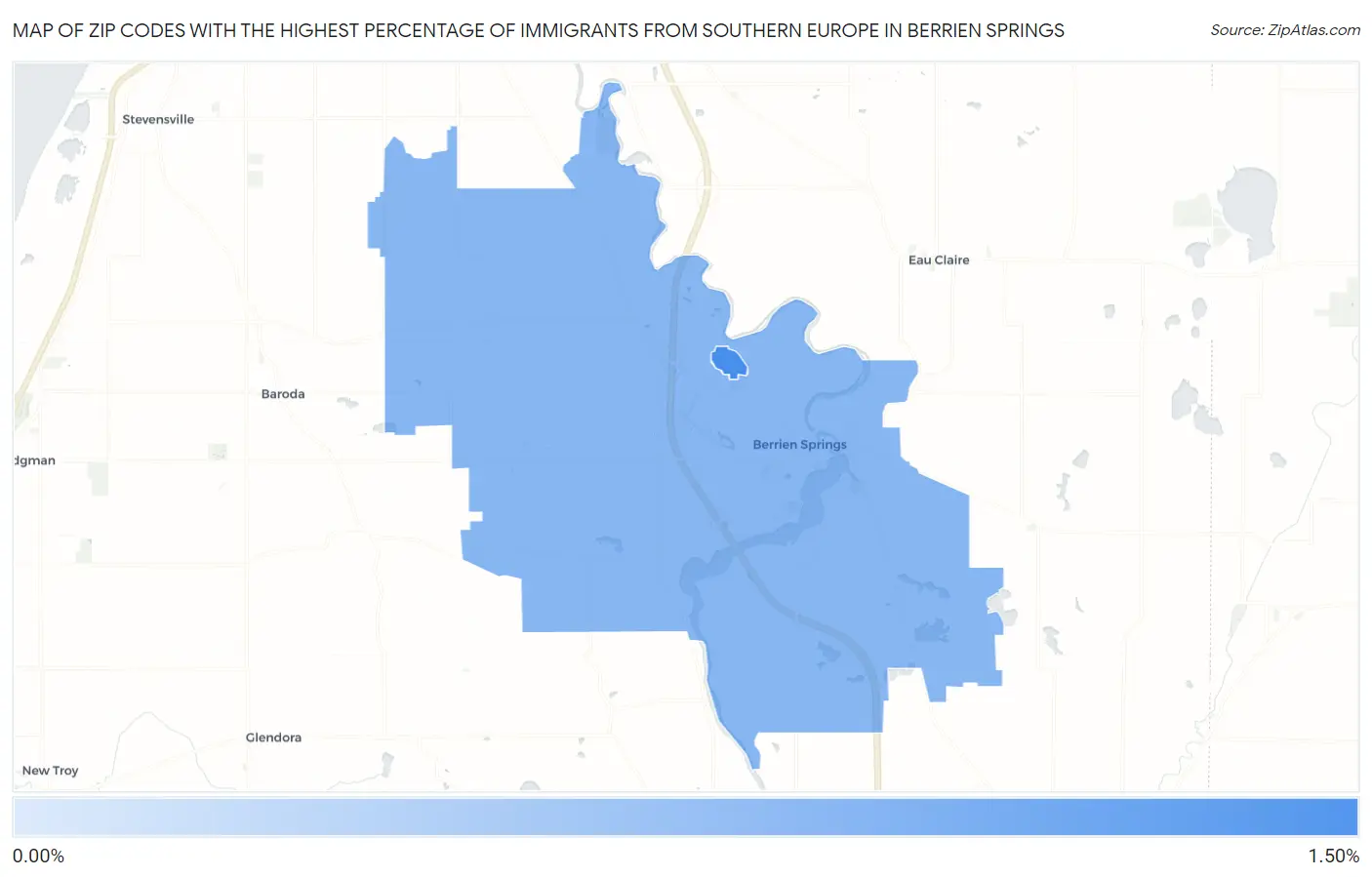 Zip Codes with the Highest Percentage of Immigrants from Southern Europe in Berrien Springs Map