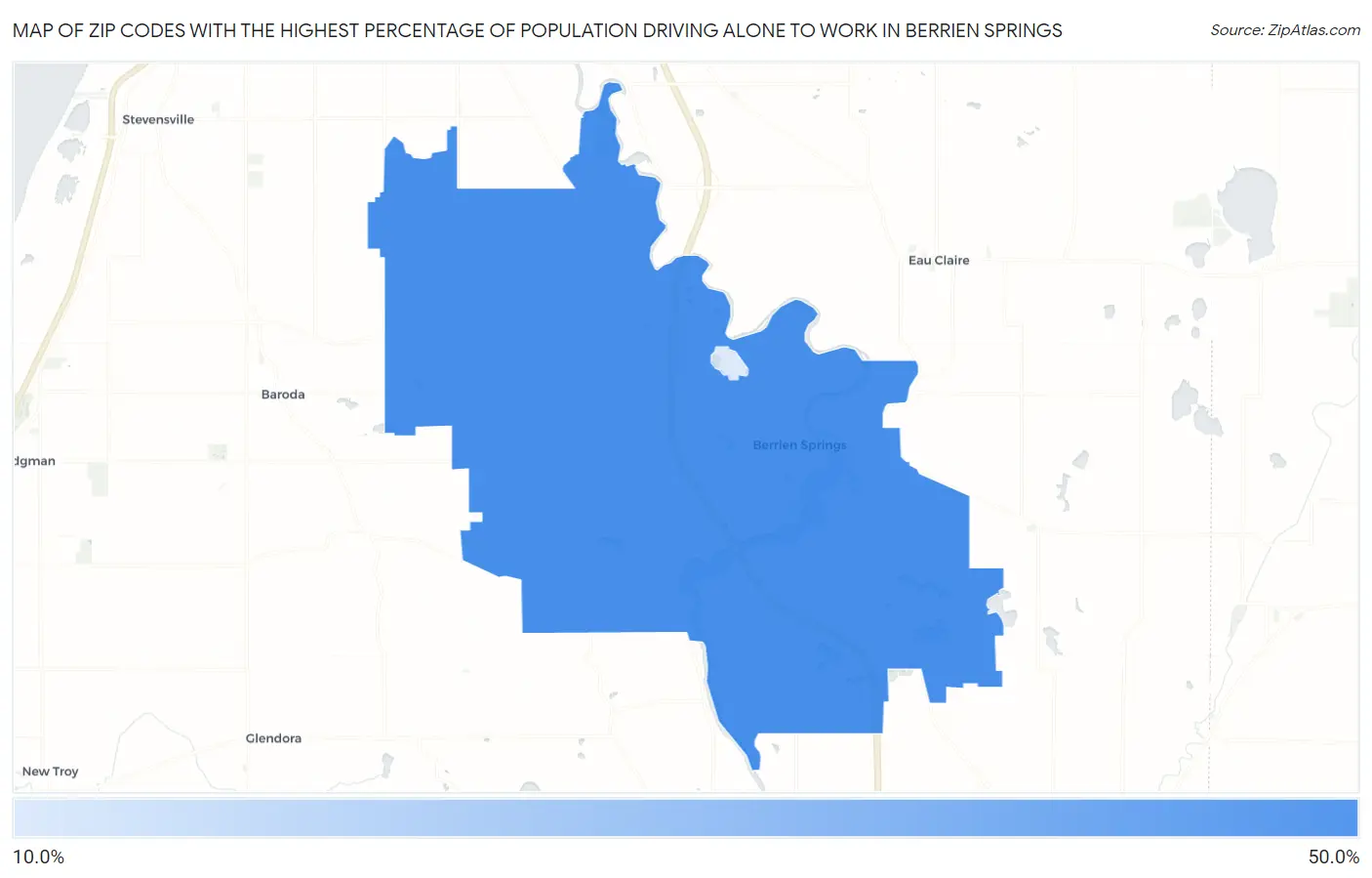 Zip Codes with the Highest Percentage of Population Driving Alone to Work in Berrien Springs Map