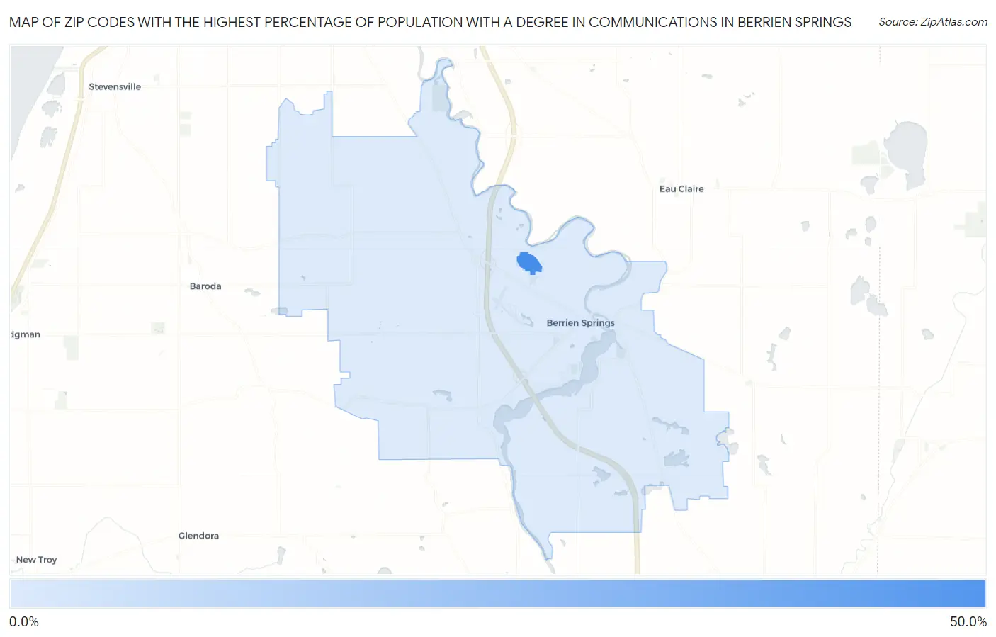 Zip Codes with the Highest Percentage of Population with a Degree in Communications in Berrien Springs Map