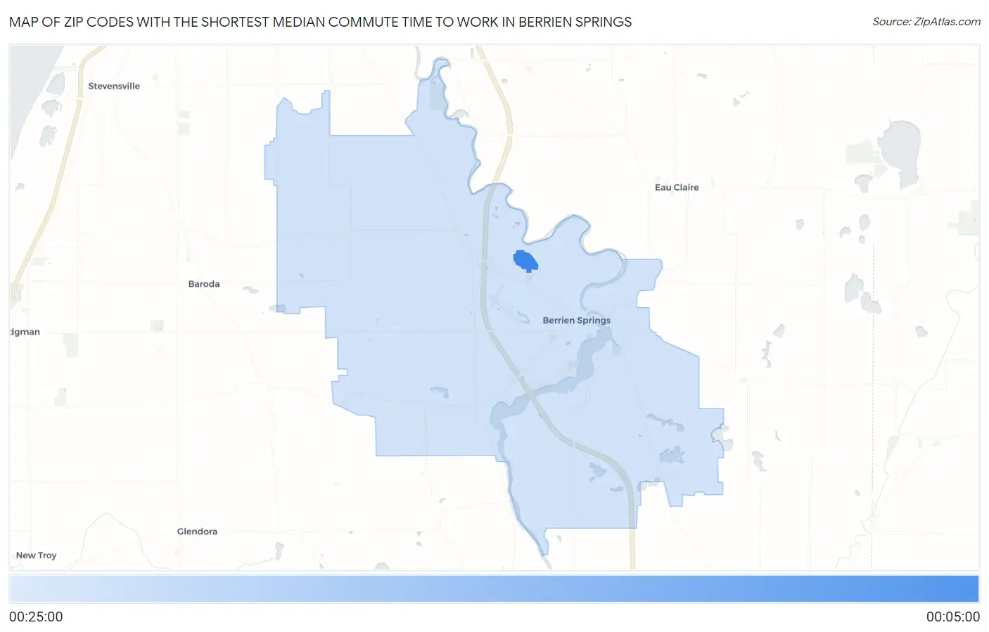 Zip Codes with the Shortest Median Commute Time to Work in Berrien Springs Map