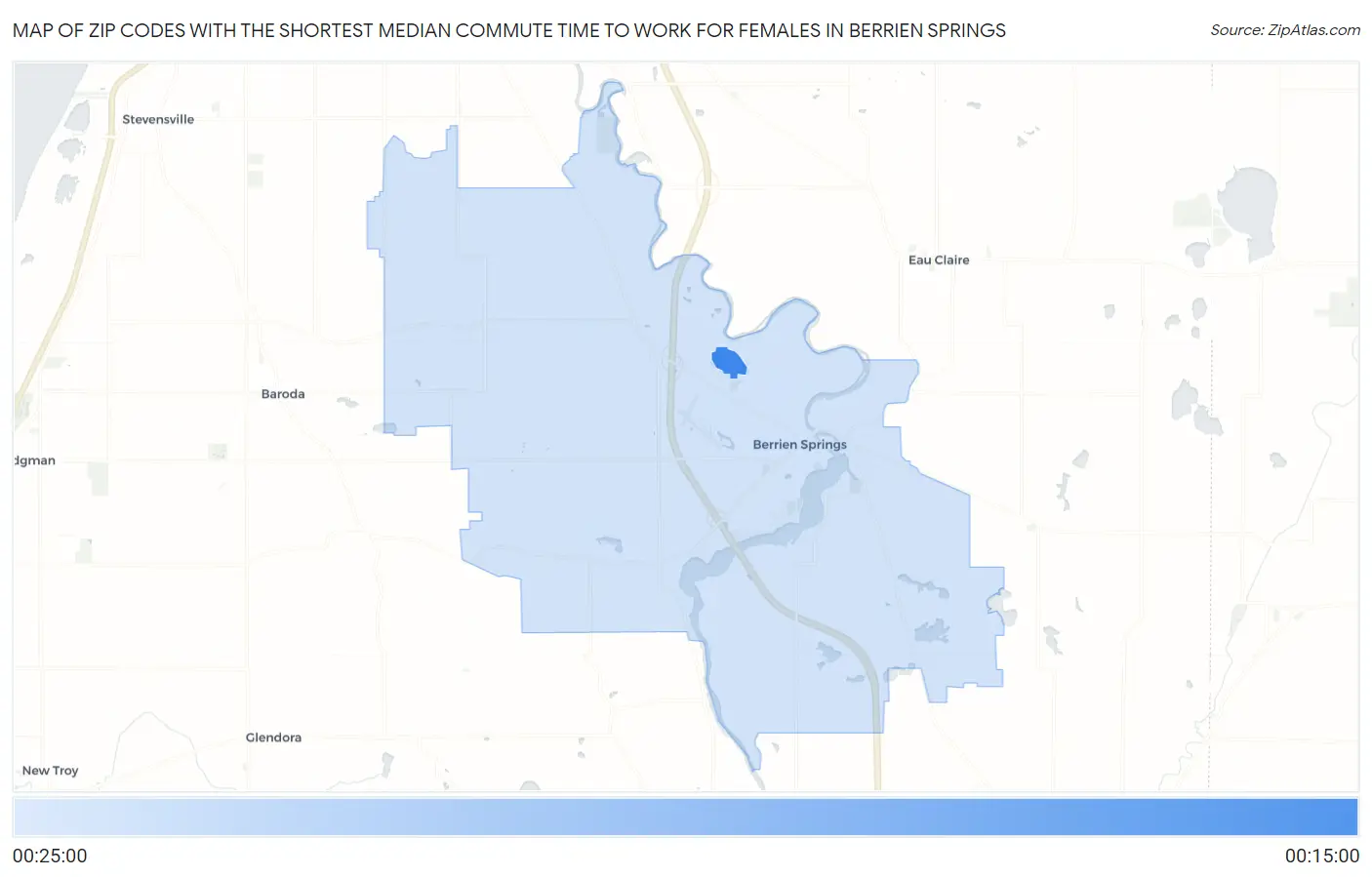 Zip Codes with the Shortest Median Commute Time to Work for Females in Berrien Springs Map