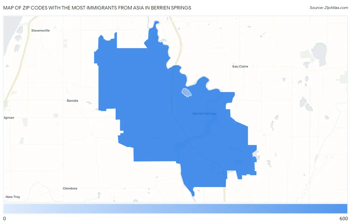 Zip Codes with the Most Immigrants from Asia in Berrien Springs Map