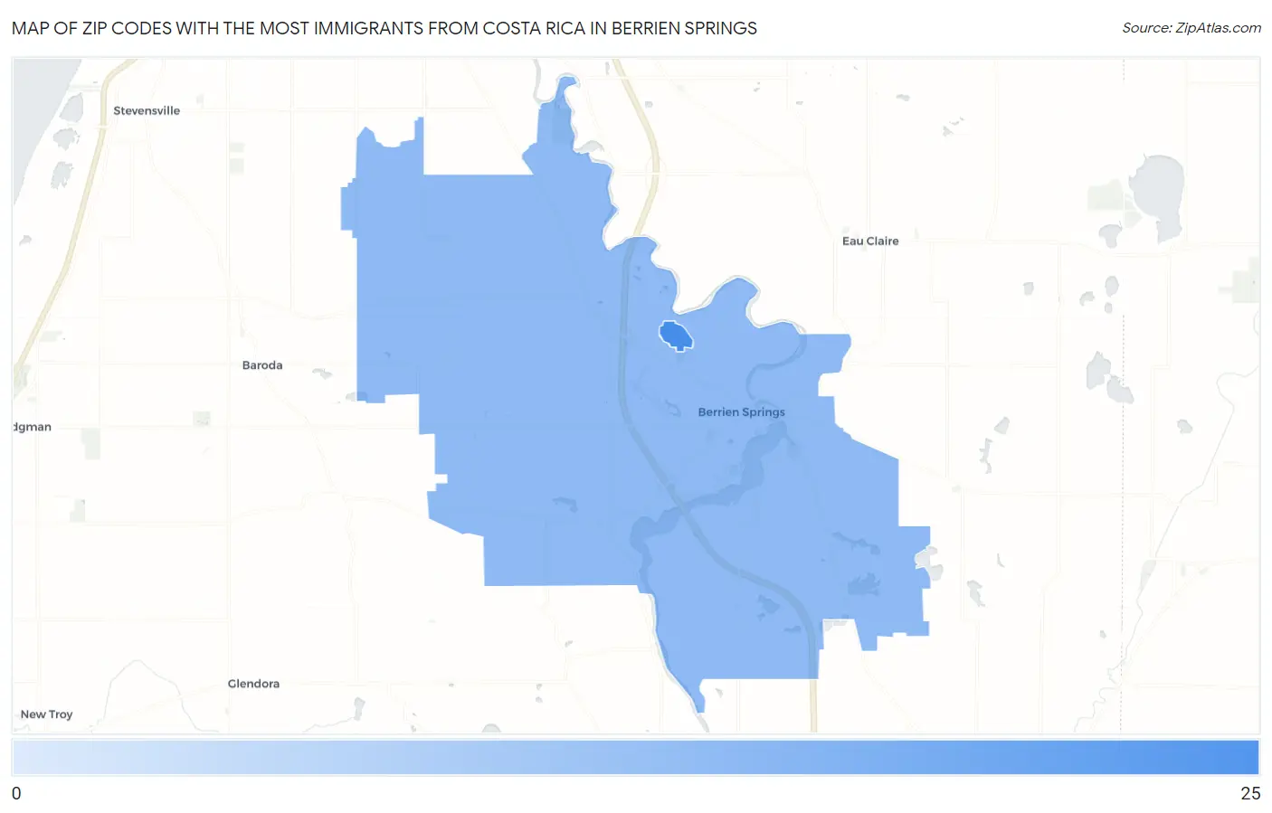 Zip Codes with the Most Immigrants from Costa Rica in Berrien Springs Map
