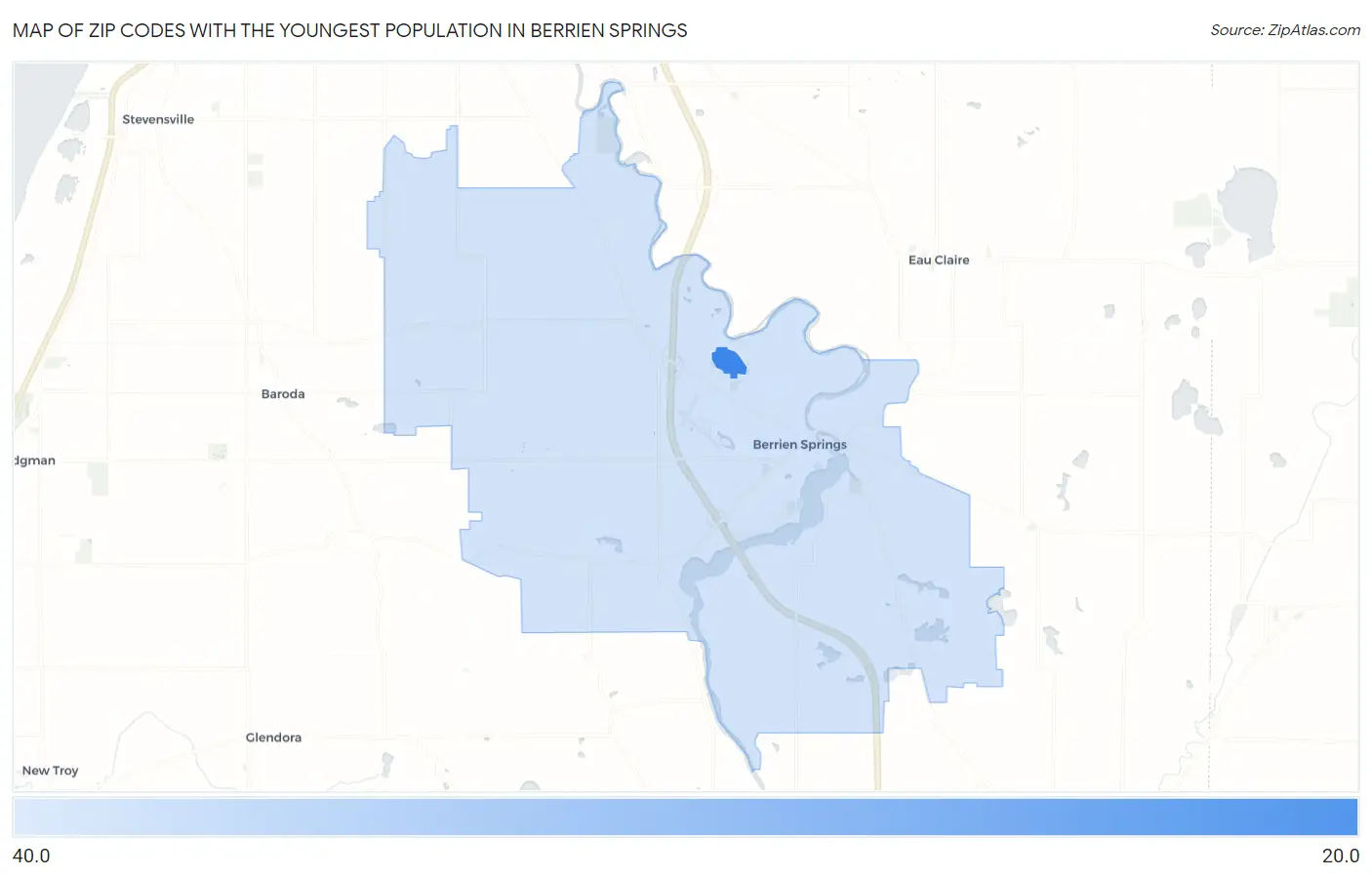 Zip Codes with the Youngest Population in Berrien Springs Map