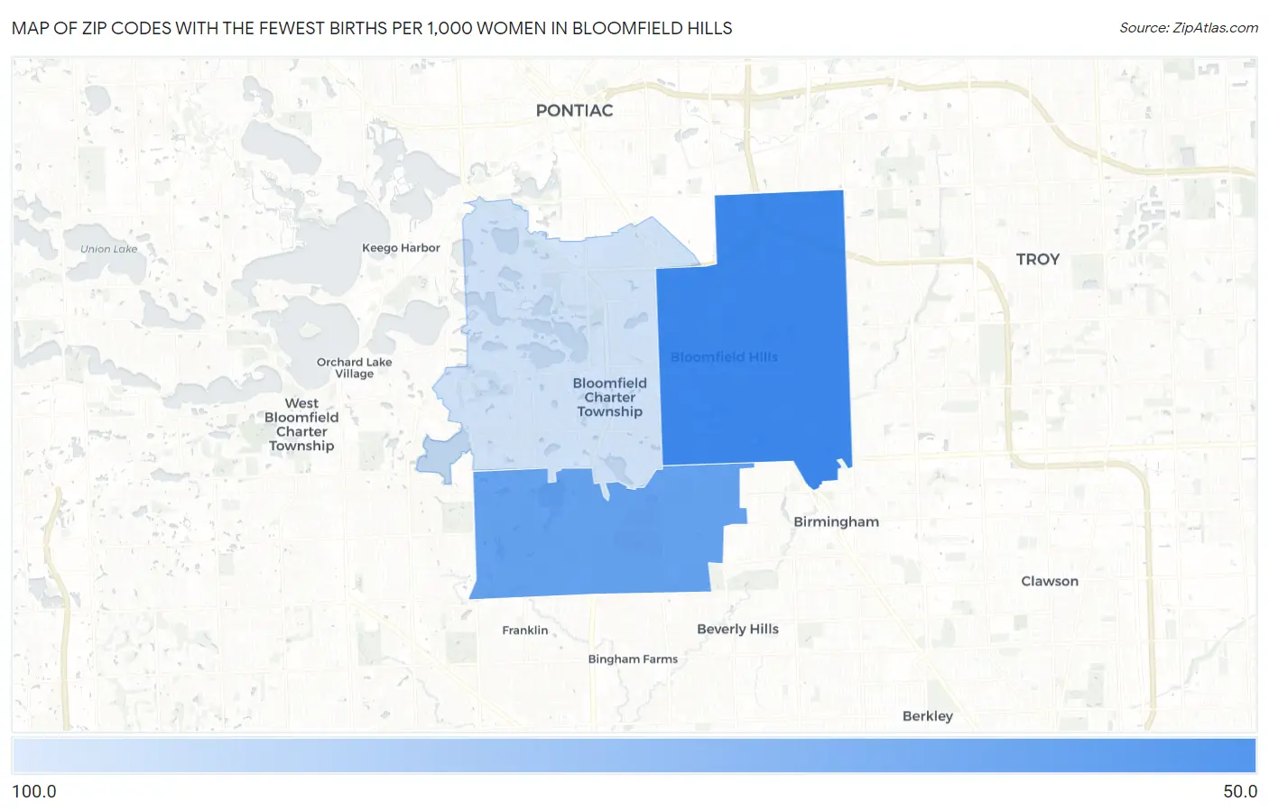 Zip Codes with the Fewest Births per 1,000 Women in Bloomfield Hills Map