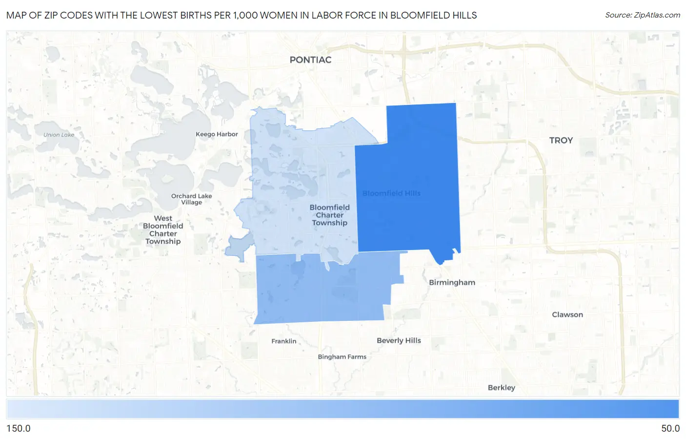 Zip Codes with the Lowest Births per 1,000 Women in Labor Force in Bloomfield Hills Map