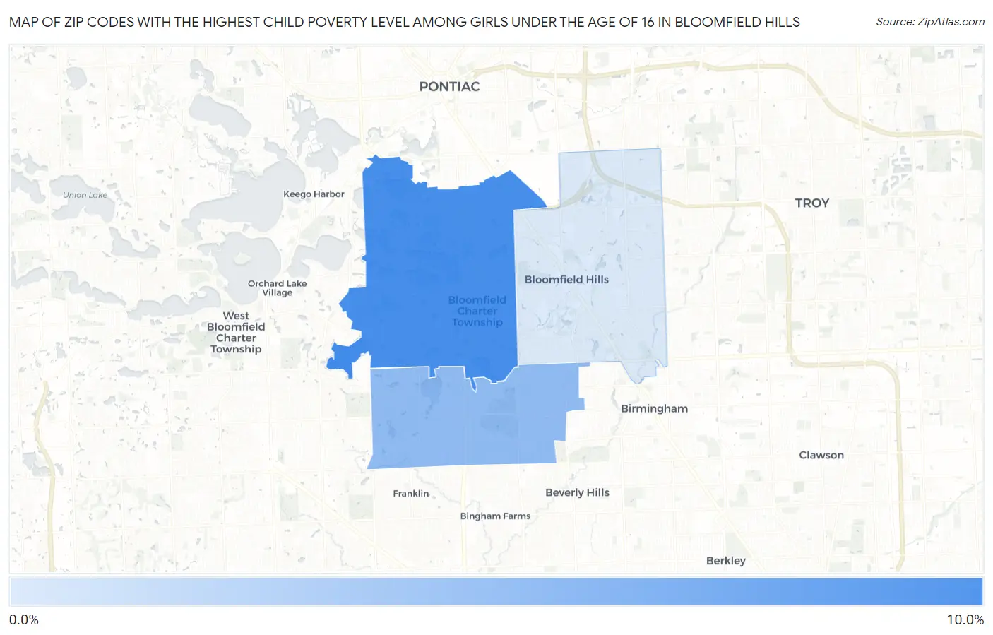 Zip Codes with the Highest Child Poverty Level Among Girls Under the Age of 16 in Bloomfield Hills Map