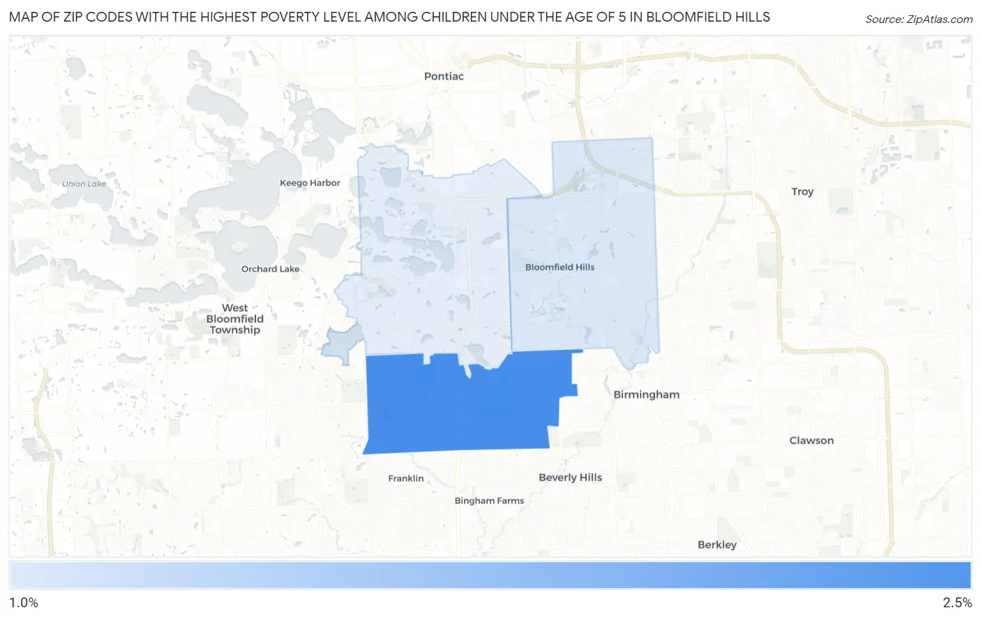 Zip Codes with the Highest Poverty Level Among Children Under the Age of 5 in Bloomfield Hills Map