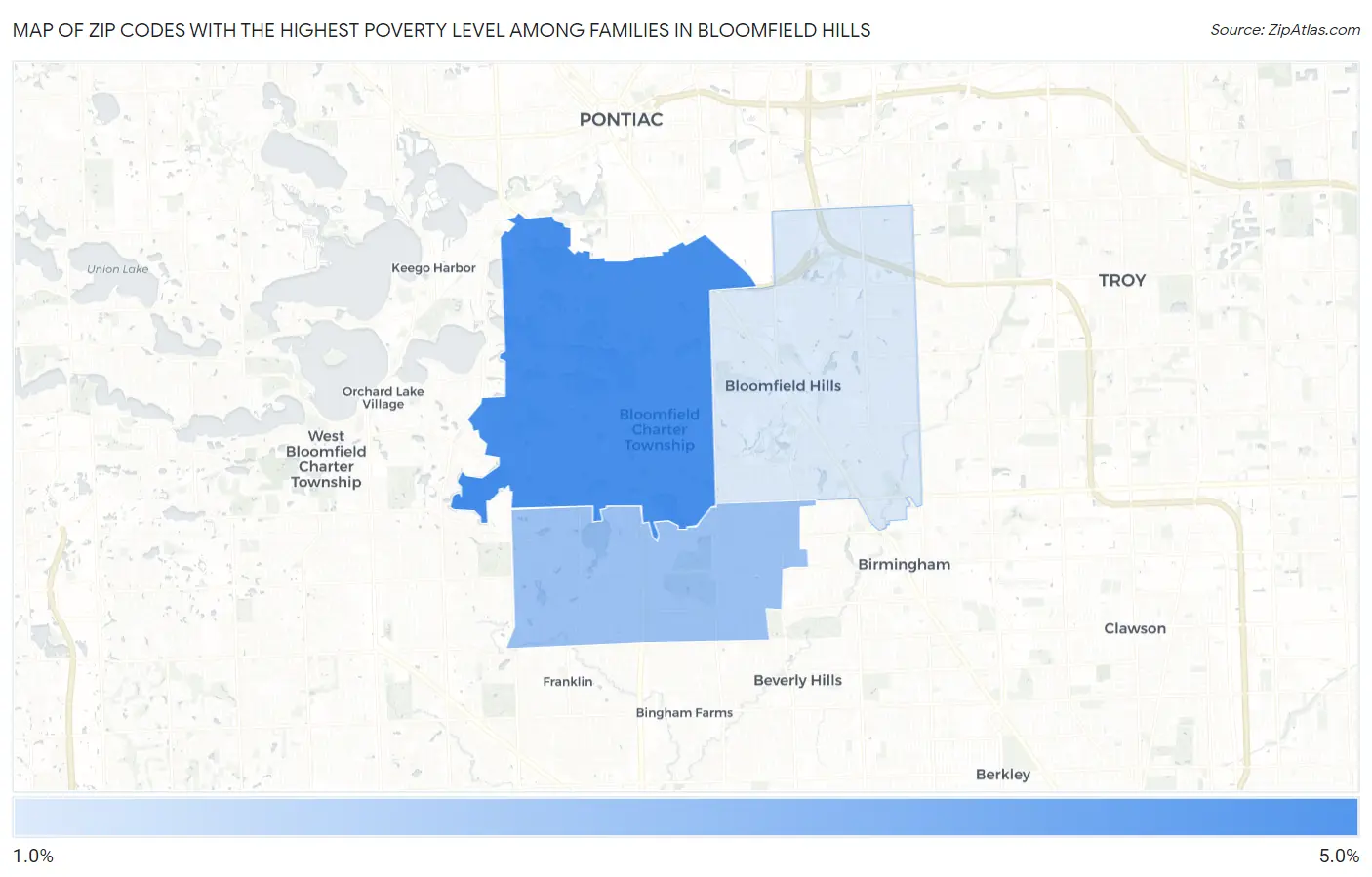Zip Codes with the Highest Poverty Level Among Families in Bloomfield Hills Map