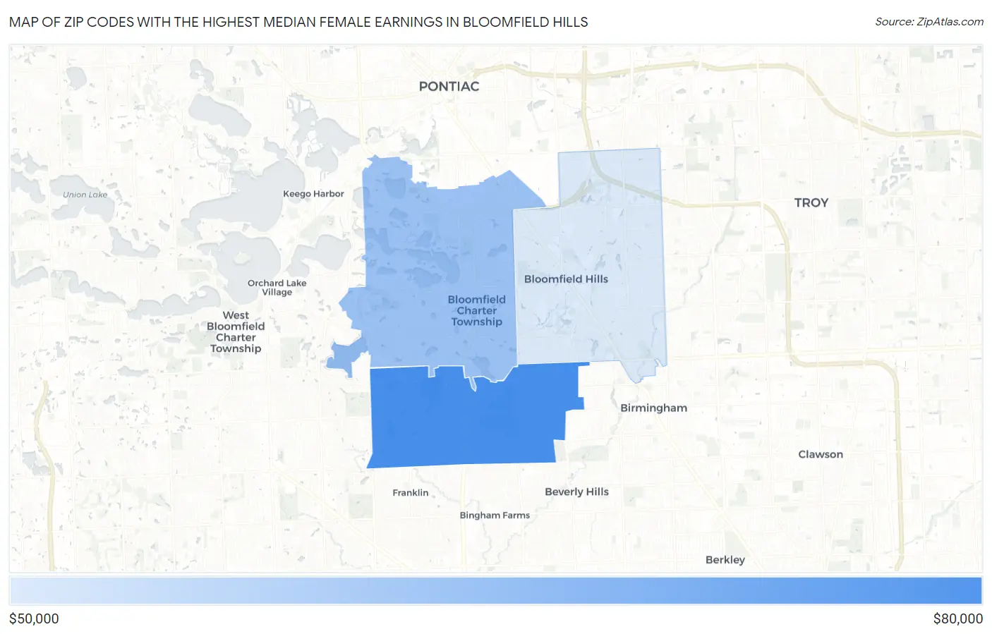Zip Codes with the Highest Median Female Earnings in Bloomfield Hills Map