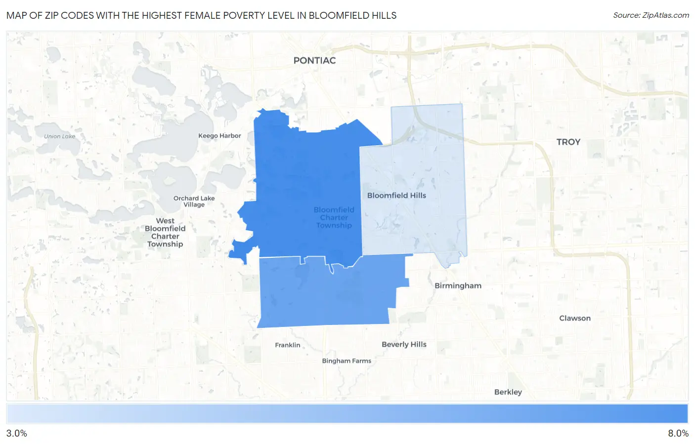 Zip Codes with the Highest Female Poverty Level in Bloomfield Hills Map