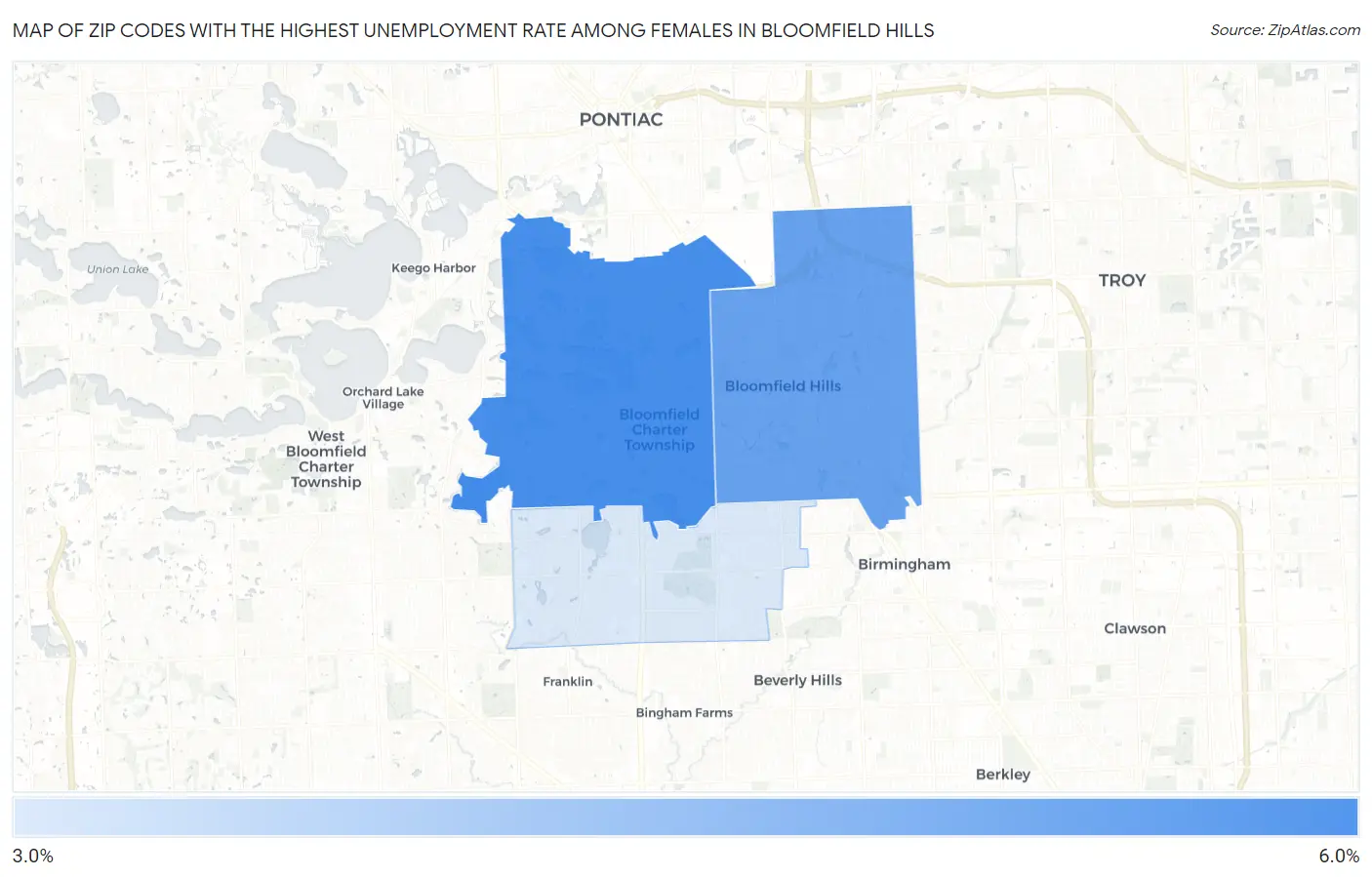 Zip Codes with the Highest Unemployment Rate Among Females in Bloomfield Hills Map