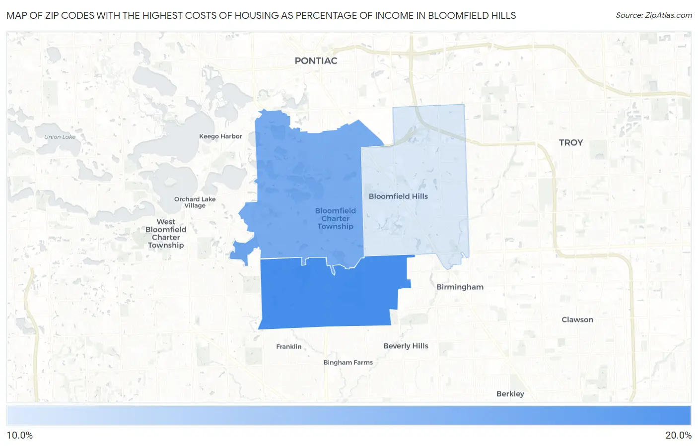Zip Codes with the Highest Costs of Housing as Percentage of Income in Bloomfield Hills Map