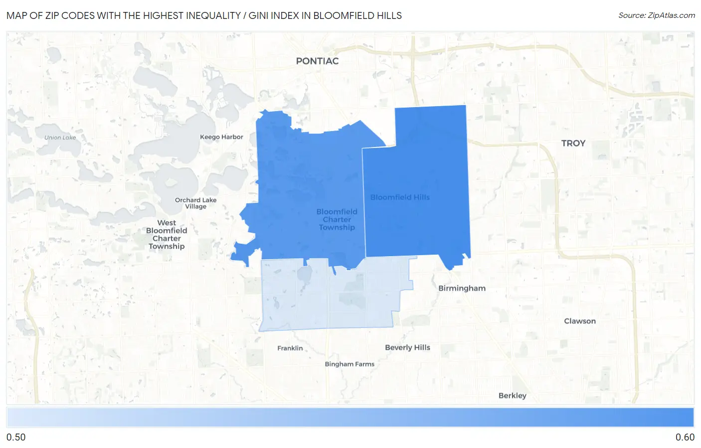 Zip Codes with the Highest Inequality / Gini Index in Bloomfield Hills Map