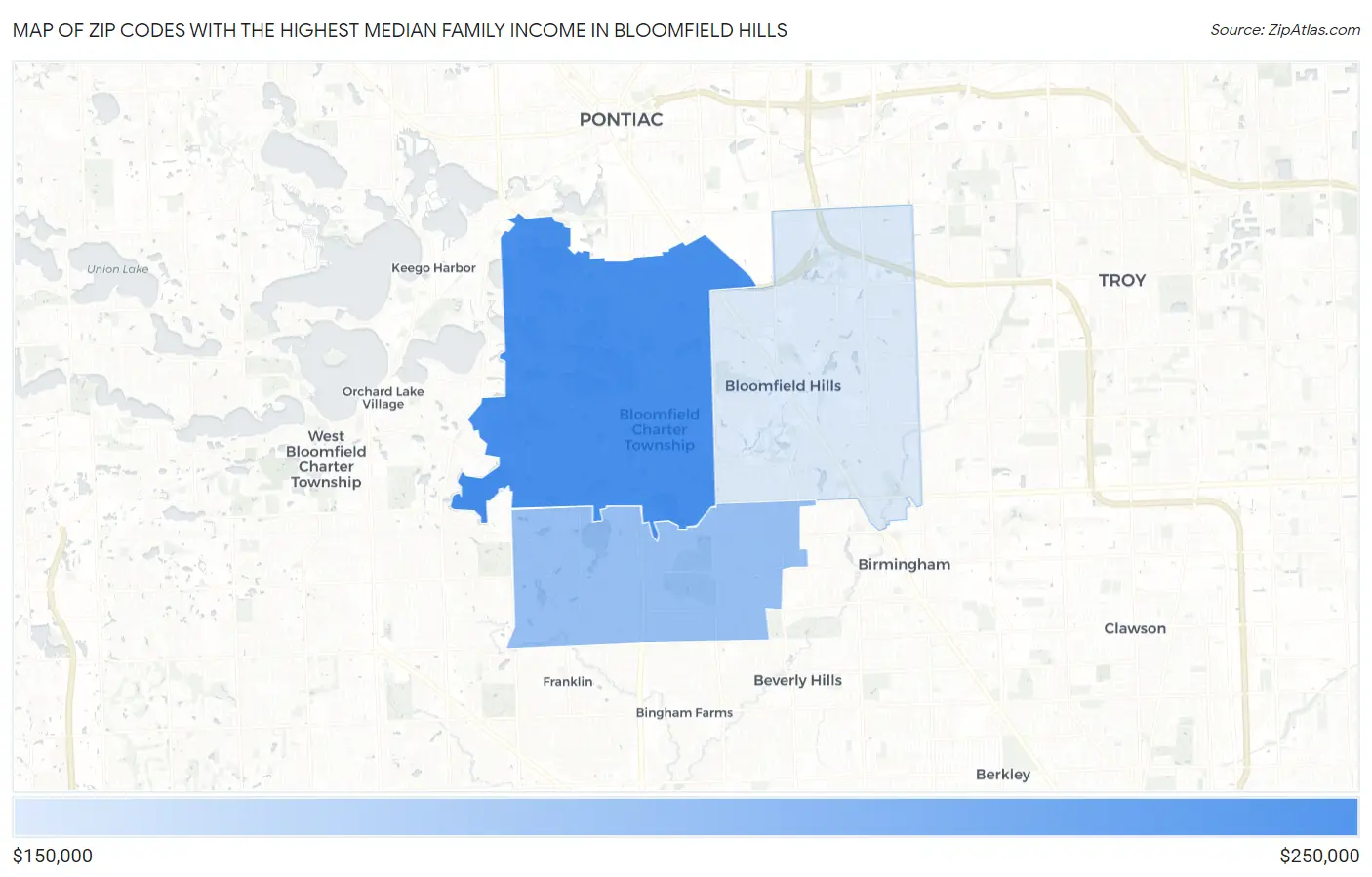 Zip Codes with the Highest Median Family Income in Bloomfield Hills Map