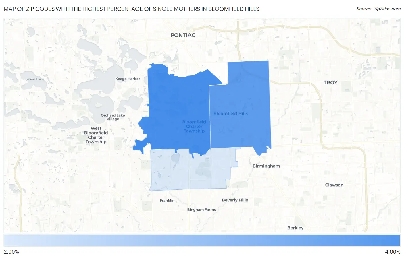Zip Codes with the Highest Percentage of Single Mothers in Bloomfield Hills Map