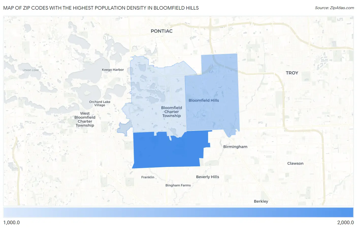 Zip Codes with the Highest Population Density in Bloomfield Hills Map