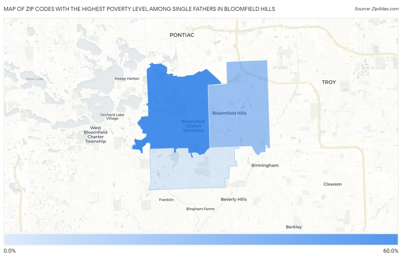 Zip Codes with the Highest Poverty Level Among Single Fathers in Bloomfield Hills Map