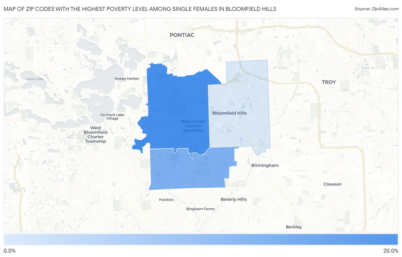 Zip Codes with the Highest Poverty Level Among Single Females in Bloomfield Hills Map