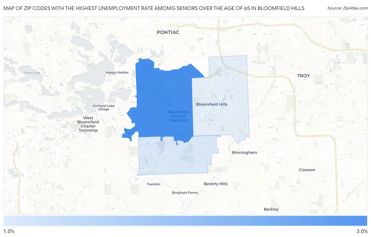 Zip Codes with the Highest Unemployment Rate Amomg Seniors Over the Age of 65 in Bloomfield Hills Map