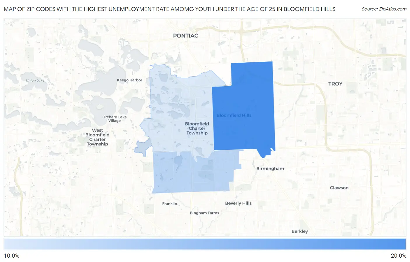 Zip Codes with the Highest Unemployment Rate Amomg Youth Under the Age of 25 in Bloomfield Hills Map