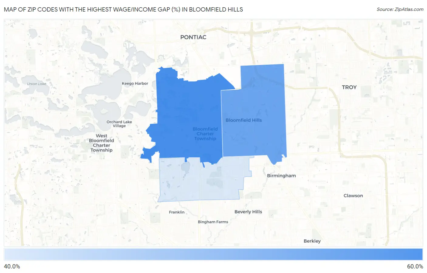 Zip Codes with the Highest Wage/Income Gap (%) in Bloomfield Hills Map