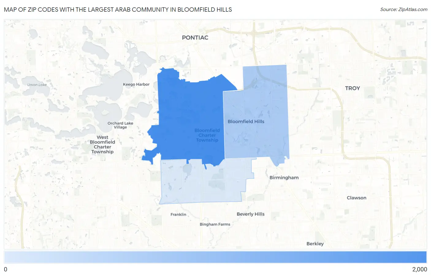 Zip Codes with the Largest Arab Community in Bloomfield Hills Map