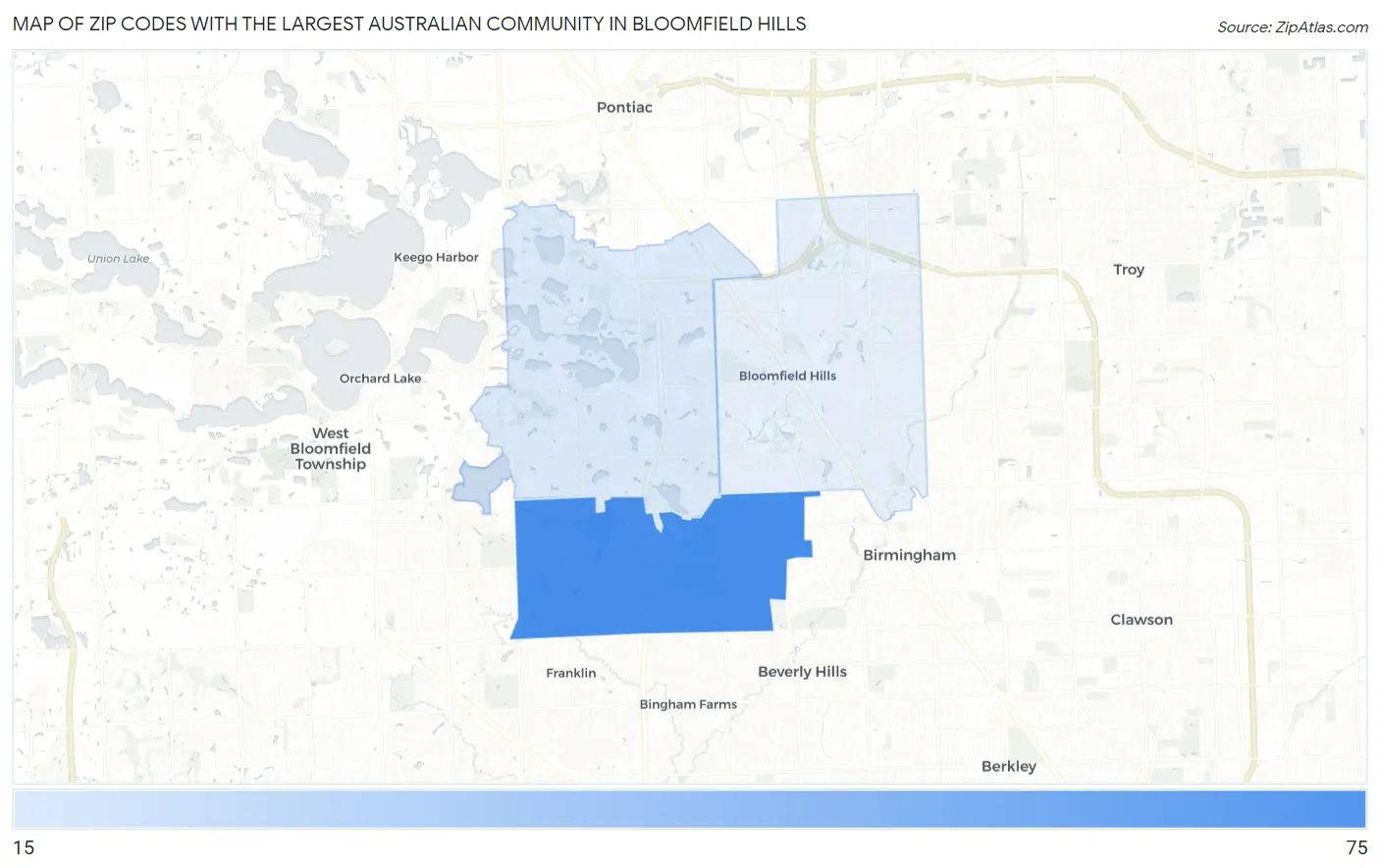 Zip Codes with the Largest Australian Community in Bloomfield Hills Map