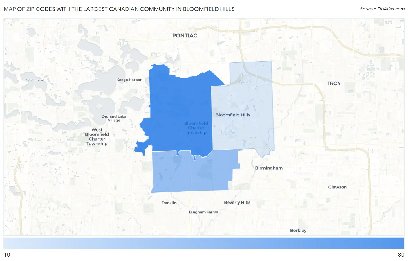 Zip Codes with the Largest Canadian Community in Bloomfield Hills Map